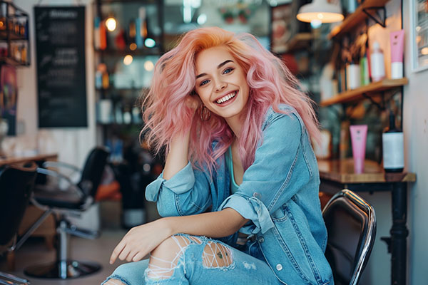 Happy business owner fashionable woman sitting in her beauty salon